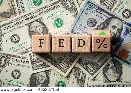 Wooden Blocks With Interest Rate Percent Of Bank With Us Dollars, Financial World Economy Crisis Des