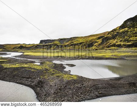 Iceland Landscape, Glacier Lakes, Mountains Behind, Overcast Weather