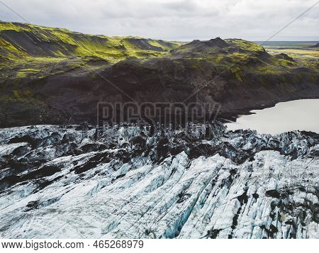 Glaciers Melting Away, Drone View With Lake Below
