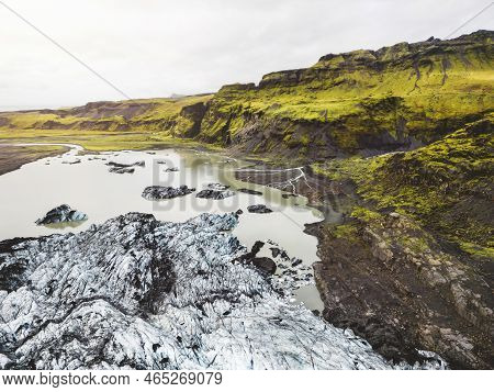 Iceland Glacier In Autumn Time Aerial Drone View
