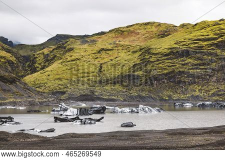 Jurassic Wild Landscape Of Green Mountains, Glaciers And Volcanoes
