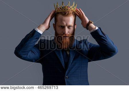 Irish Man Egoist Wearing Crown. Crowned Businessman. Selfish Successful Businessman