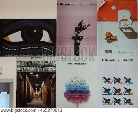 Venice, Italy - September 6, 2022:  59th Venice Art Biennale In Venice. Old Posters Advertising The 