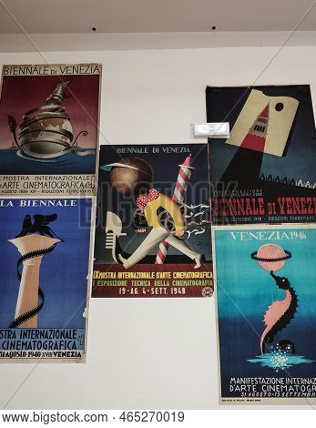 Venice, Italy - September 6, 2022:  59th Venice Art Biennale In Venice. Old Posters Advertising The 