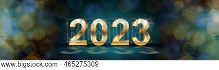 New Year 2023 Background Greeting Card. New Year's Banner For The Site Header. Golden Numbers 2023 I