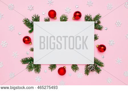 Christmas, New Year Holiday Card With Copy Space For Text. Blank White Paper In Frame Of Natural Fir
