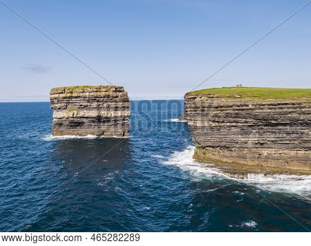 Aerial View Of The Dun Briste Sea Stick At Downpatrick Head, County Mayo - Republic Of Ireland