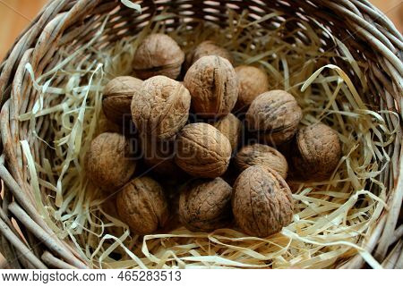 Walnuts In Shell Scattered On A Wooden Swarf Inside A Homemade Wicker Pot