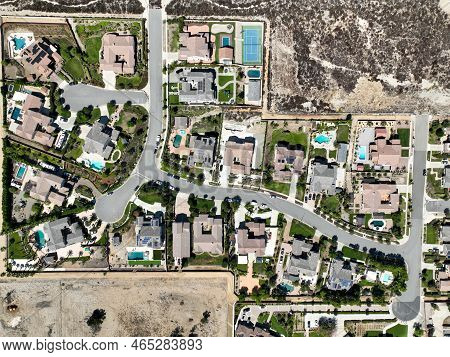 Aerial Top View Of Big Villas With Pools In Rancho Cucamonga, In San Bernardino County, California, 