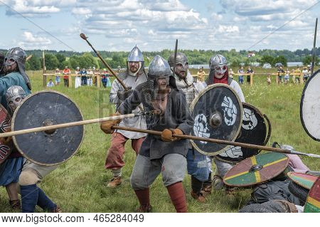 Tver Region, Russia - July 22, 2022: A Spearman Gets Hit By A Spear During A Reenactment Of A Mediev