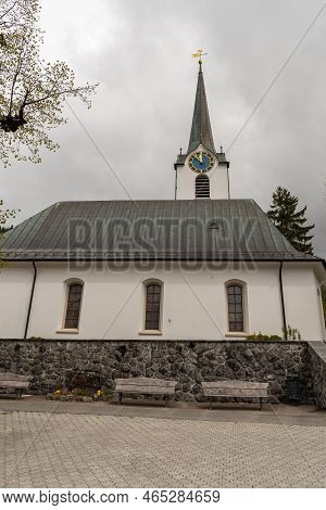 Wildhaus, Switzerland, May 5, 2022 Catholic Church In The Center On An Overcast Day In Spring Time