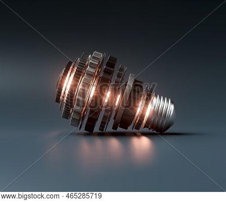 A Lightbulb Concept Made From Metal Cogwheels And A Central Neon Illuminated Lgiht Symbolising Imagi