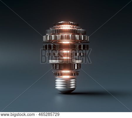 A Lightbulb Concept Made From Metal Cogwheels And A Central Neon Illuminated Lgiht Symbolising Imagi