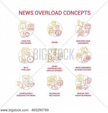 News Overload Red Gradient Concept Icons Set. Negative Content. Media Fatigue. Infoxication Problems