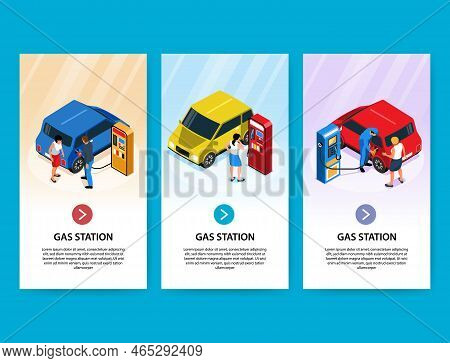 Gas Station Vertical Banners With People Fuelling Their Cars Independently And With Employee Help Is