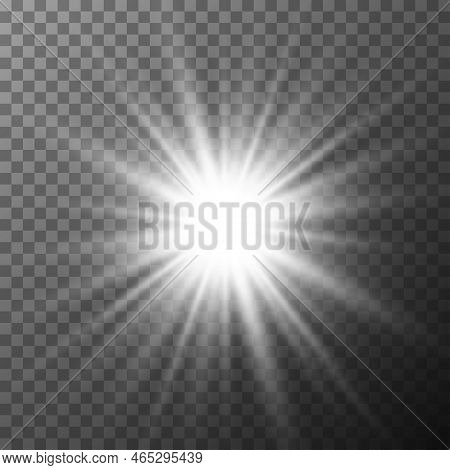 Realistic White Starburst Lighting Isolated On Transparent Background. Glowing Light Burst Explosion