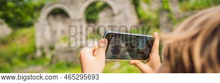 Banner, Long Format Augmented Reality Concept. Hand Holding Smart Phone Use Ar Application To Check 