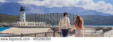 Banner, Long Format Couple In Love Tourists Enjoying The Views Of Architecture And Luxury Yachts In 