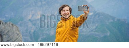 Banner, Long Format Man Tourist On Background Of Breathtaking Panoramic View Of The Grlo Sokolovo Go
