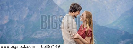 Banner, Long Format Man And Woman Happy Couple Tourists On Background Of Breathtaking Panoramic View