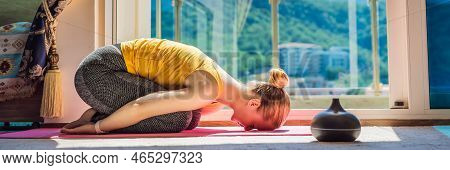 Banner, Long Format Mindful Healthy Woman Practicing Yoga At Home. Sitting On The Floor Doing Yoga F