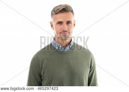 Smiling Mature Grizzled Man With Stubble Isolated On White Background. Grizzled Man In Sweater