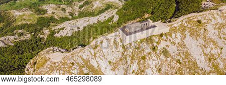 Banner, Long Format Montenegro. Lovcen National Park. Mausoleum Of Negosh On Mount Lovcen. Drone. Ae