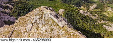 Banner, Long Format Montenegro. Lovcen National Park. Mausoleum Of Negosh On Mount Lovcen. Drone. Ae