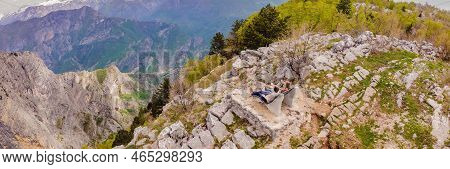 Banner, Long Format Happy Family On Background Of Breathtaking Panoramic View Of The Grlo Sokolovo G