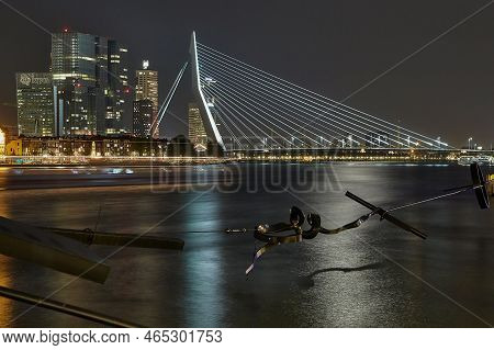 Rotterdam, The Netherlands - Circa 2019: Cable Bridge Erasmus In Rotterdam, Modern Art Installation 