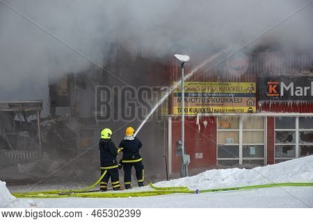 Saariselka, Finland - Circa 2022: Burning Down Of Shopping Center Kuukkeli In Finnish Lapland. Firef