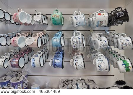 Ivalo, Finland - Circa 2022: Moomins Themed Mugs On Sale At The Airport Gift Shop. Popular Character