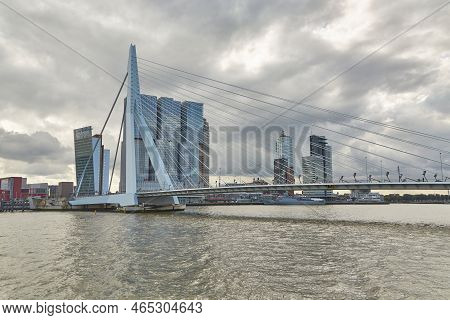 Rotterdam, The Netherlands - Circa 2019: View Of Rotterdam With The Erasmus Bridge And Tall Office B