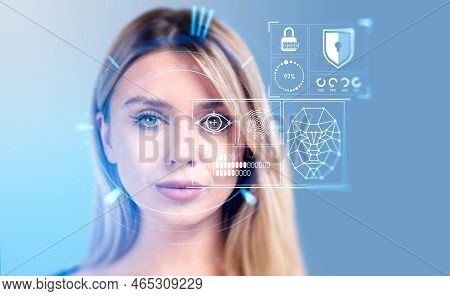 Beautiful Woman And Eye With Digital Biometric Scanning And Data Analysis. Face Detection And Scanne