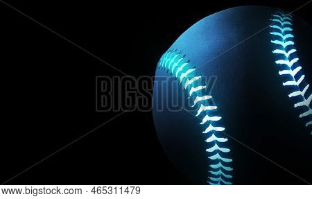 3d Rendering Of Single Black Baseball Ball With Bright Blue Glowing Neon Lines
