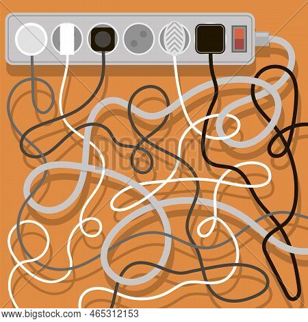 Electrical Wires And Chargers On Orange Background. A Mess Of Cables From Several Extension Cords. C