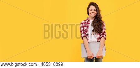 Distance Education With Elearning. Happy Tween Girl With Laptop. Distance Education. School Girl Por