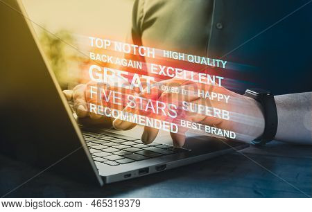 Hands Of Man Write Review On Product And Evaluate Product Purchased Online. Rating To Seller. Consum