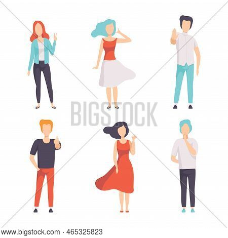 People Characters Showing Different Hand Gesture Expressing Emotion With Body Language Vector Set
