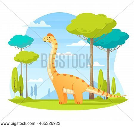 Dinosaurs Cartoon Composition With Outdoor Landscape Clear Sky And Happy Dinosaur Character Walking 