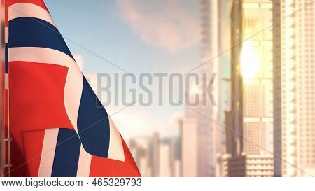 Flag Of Norway On City Skyscrapers Buildings Vanilla Sunrise Bg For Veterans Day - Abstract 3d Illus
