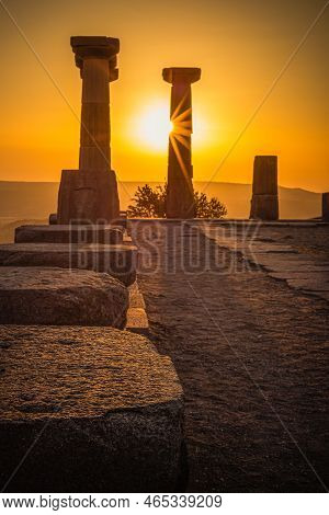 Assos Ancient City. Doric Column Temple Of Athena At Sunset. Selective Focus. Behramkale, Canakkale,
