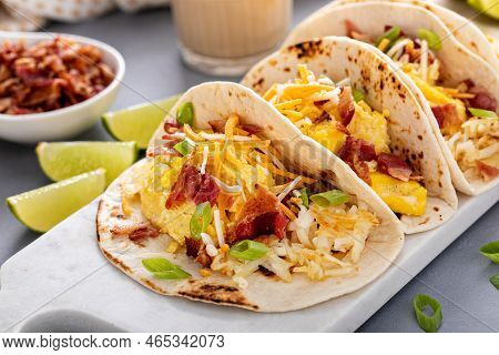 Breakfast Tacos With Hashbrowns, Eggs And Bacon