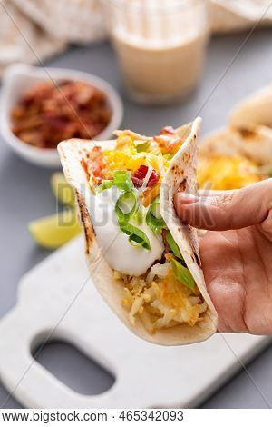 Breakfast Tacos With Hashbrowns, Eggs And Bacon