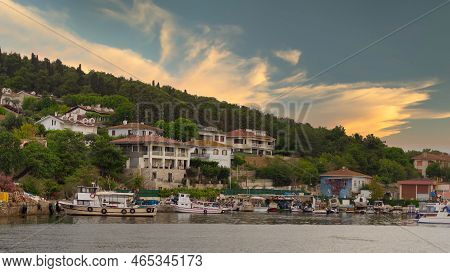 View Of The Mountains Of Kinaliada Island From Marmara Sea, With Traditional Summer Houses And Boats