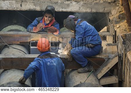 Bucharest, Romania - November 10, 2022: Details With A Professional Welder Welding An Industrial Met