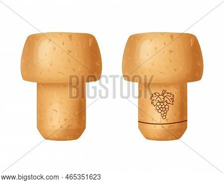 Cork Stopper Wooden Taps. Wine Bung In Cartoon. Corkwood Plug With Grape Bunch. Vector Illustration 