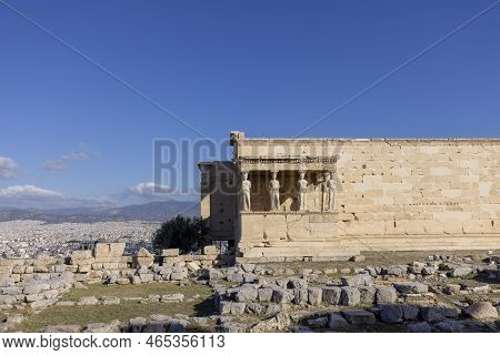 Erechtheion, Temple Of Athena Polias On Acropolis Of Athens, Greece. View Of The Porch Of The Maiden