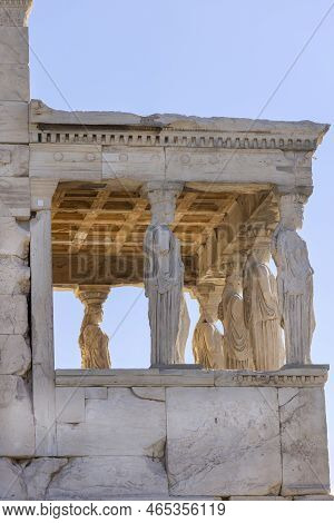 Erechtheion, Temple Of Athena Polias On Acropolis Of Athens, Greece. View Of The Porch Of The Maiden