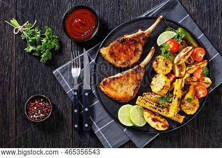 Bbq Tomahawk Pork Chops, Bone-in Steak With Grilled Corn Disks And Corn Ribs, Wedges Potatoes, Fresh